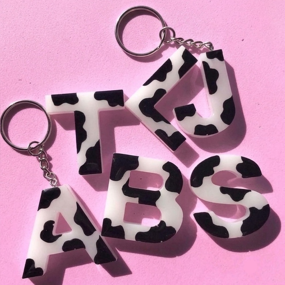 NWT Cow Print Monogram Letter Keychain - Western Animal Print - Black & White